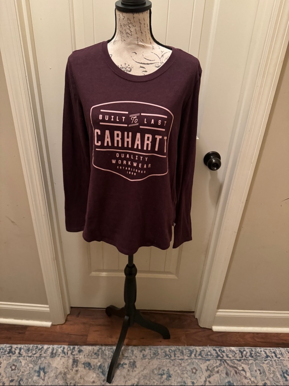Carhartt Women's Long Sleeve Logo Tee in Plum with Light Pink Print